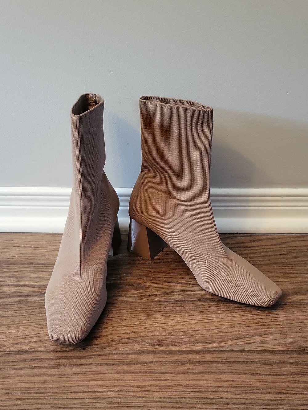 Zara Beige Sock Booties with Block Heel - Women Size 9